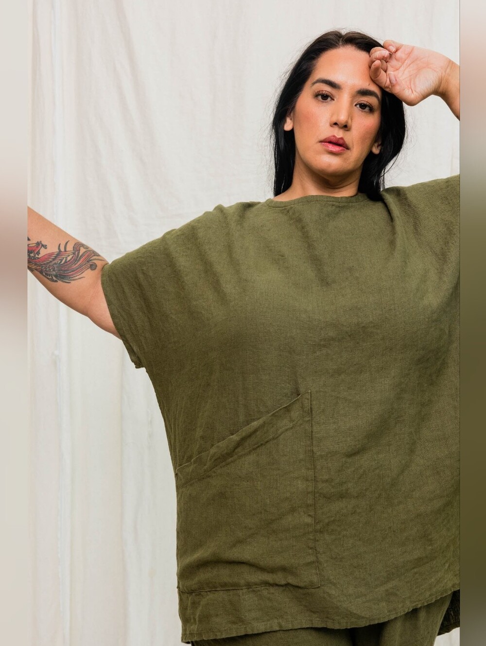 Elizabeth Suzann Olive Green Midweight Linen Harper Tunic Top